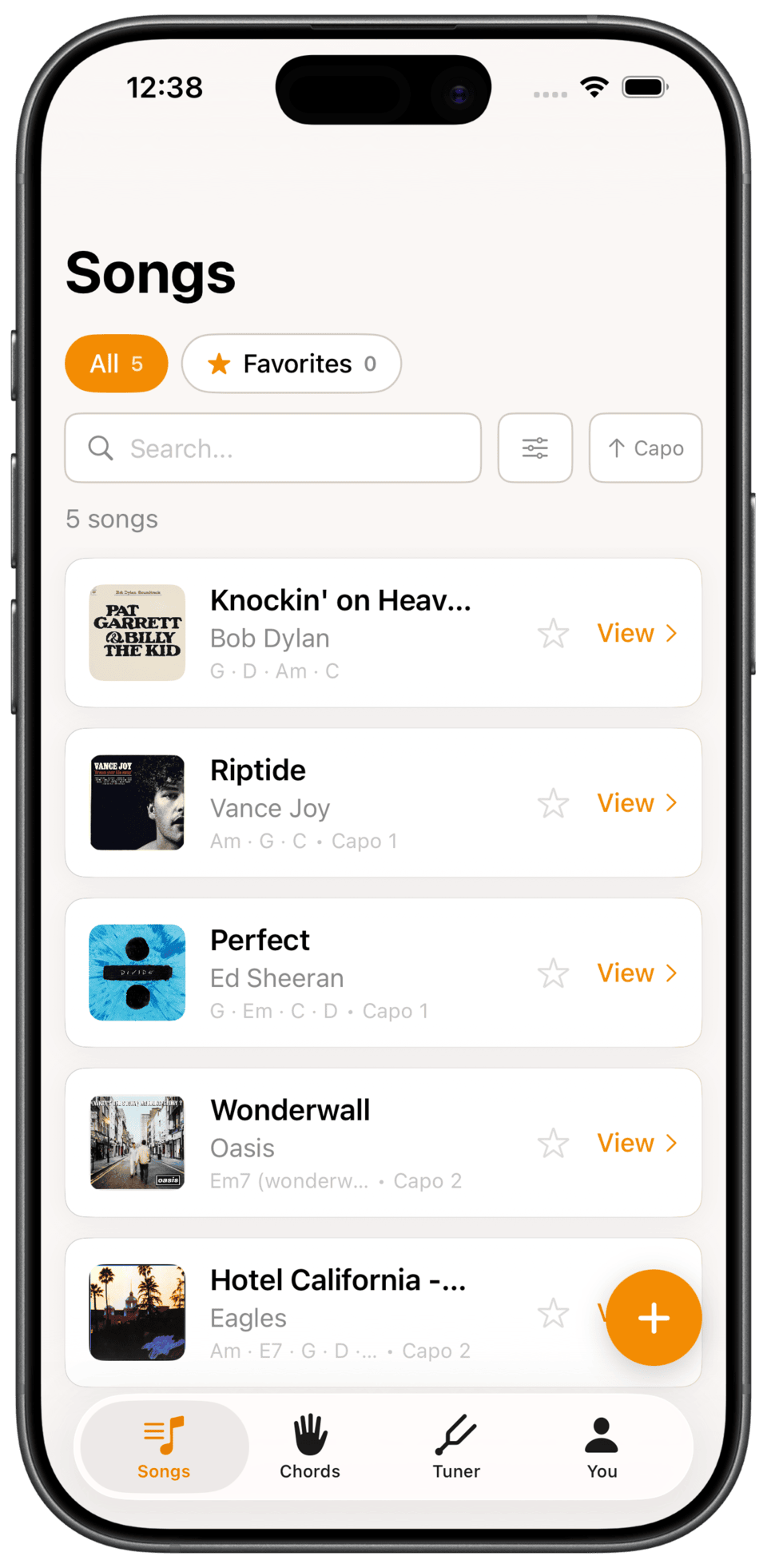 The song list in Fret Not with filters and search